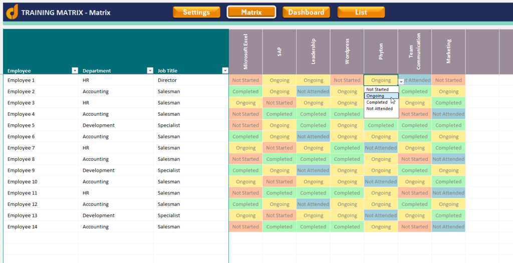 Management Training Matrix Training Matrix Excel Template