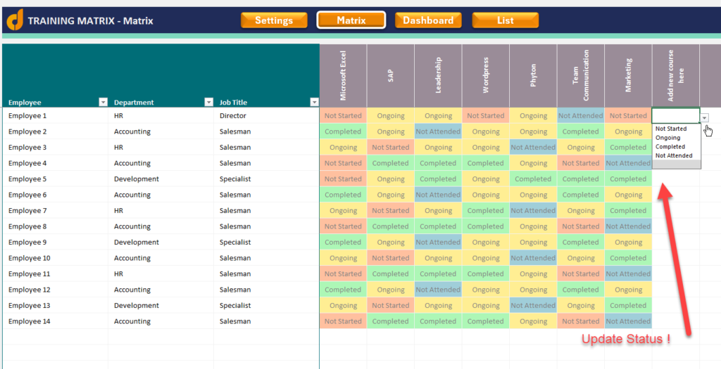 Dynamic Training Matrix Training Matrix Excel Template