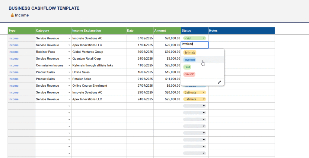 Business Cash Flow Template