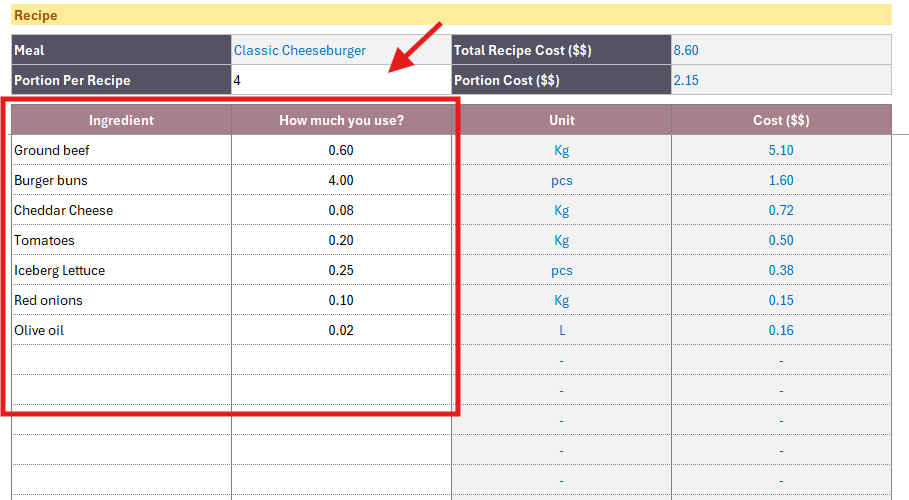 Food Cost Calculator Excel Template