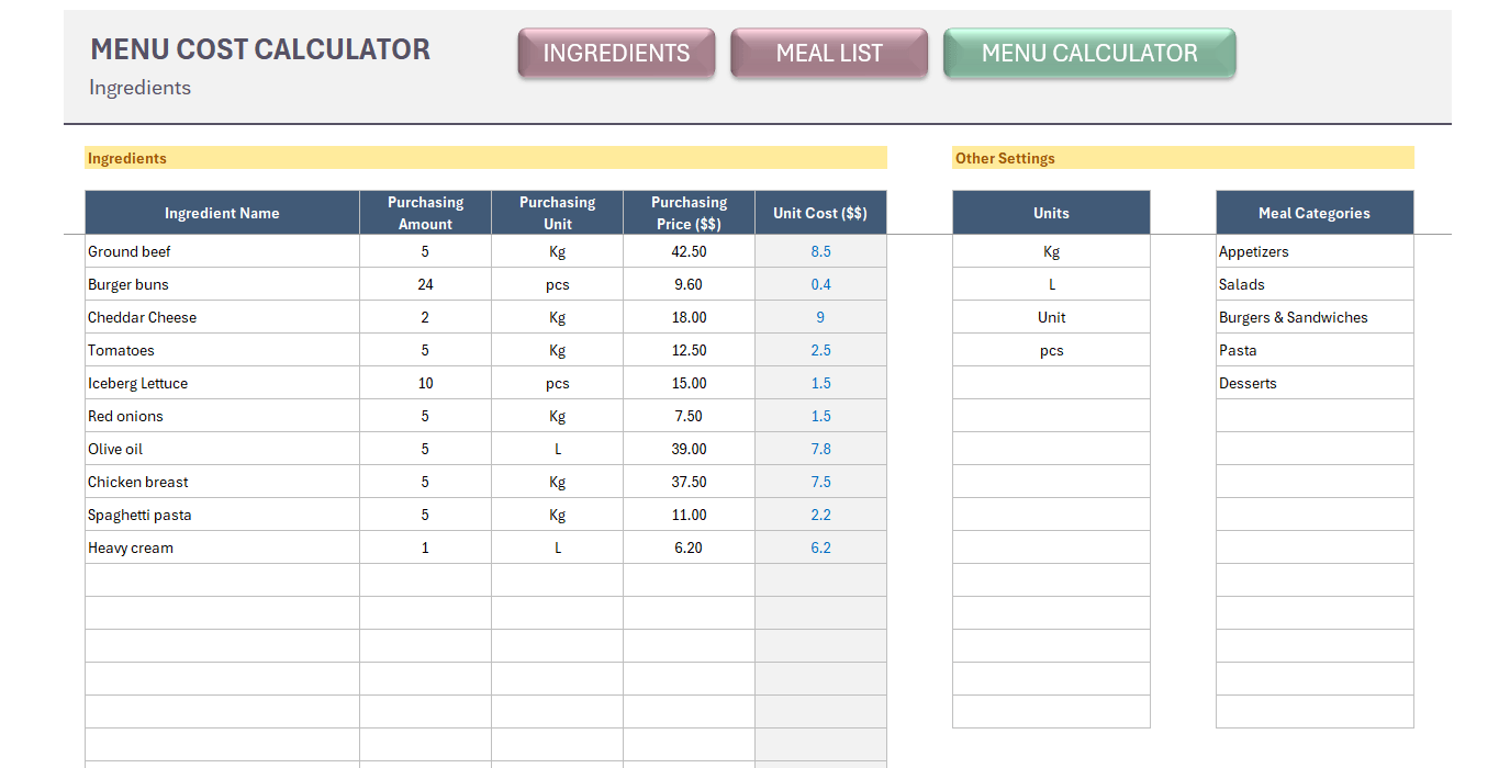 Menu Cost Calculator Excel Template